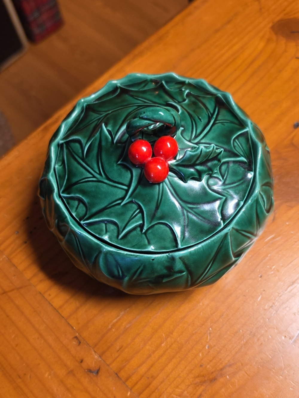 Vintage Green Ceramic Holly Trinket Box with Red Berry Accent